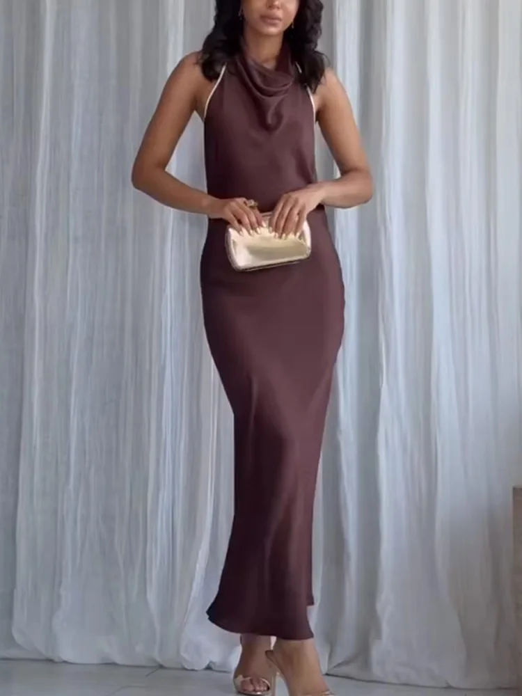 فستان نسائي أنيق من HH بياقة معلقة وياقة على شكل زر فستان بني صيفي أنيق مثير بدون ظهر بدون أكمام للحفلات فساتين طويلة #4