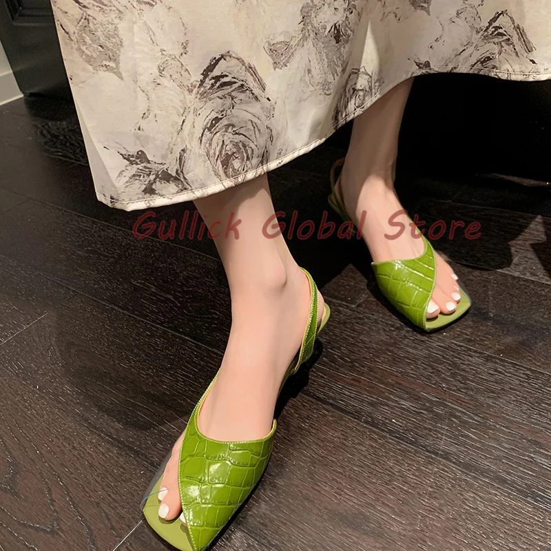 

Elegant Women Summer Shoes Green Silver Square Toe Genuine Leather Sandals Mixed Colors Side Buckle Dress Career Soft Cosy