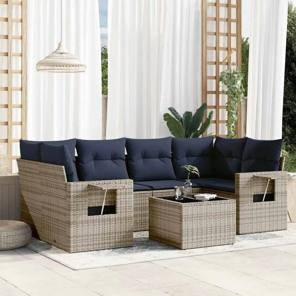 

7 Piece Outdoor Rattan Sofa Set with Cushions Gray Patio Furniture Garden Seating