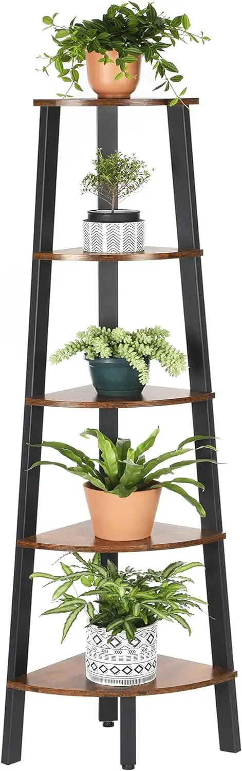 Wooden Plant Shelf Corner Bookcase, Furniture with Metal Frame, Home and Office, 5 Tier, 12.8x13.4x39.6 Inches, Room and Office