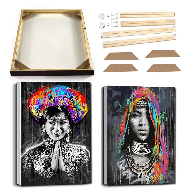 

Graffiti Woman Canvas Art Oil Painting with Frame Turban Black Woman Poster Modern Abstract Tribe Figure Portrait Picture Decor