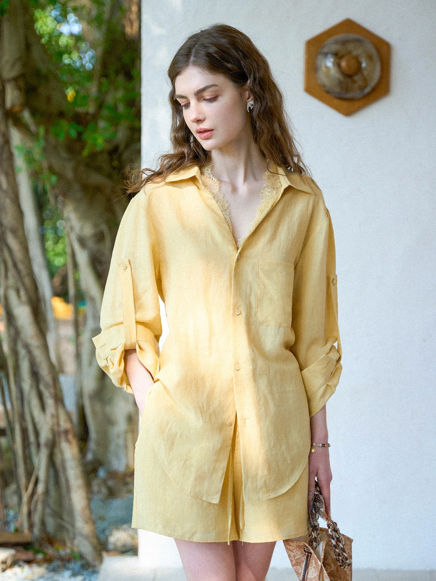 

Miorastudio Cr Yellow Lace V-ne irt Loose Fit Linen Blend Long Sve Button down Asymmetrical Hemline French Sle