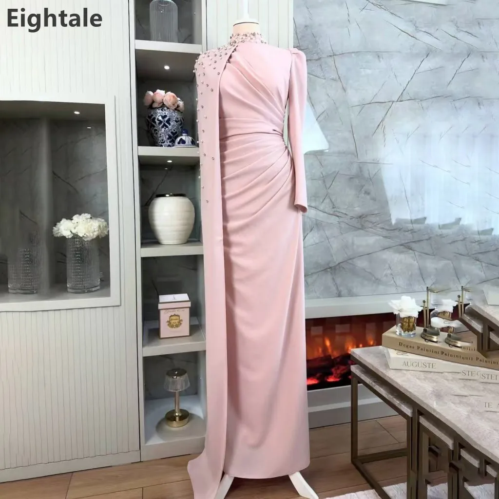 

Eightale 2024 Pink Mermaid Saudi Srabic High Neck Evening Dress With Cape Pearls Wedding Prom Dress Dubai Party Gown Customized