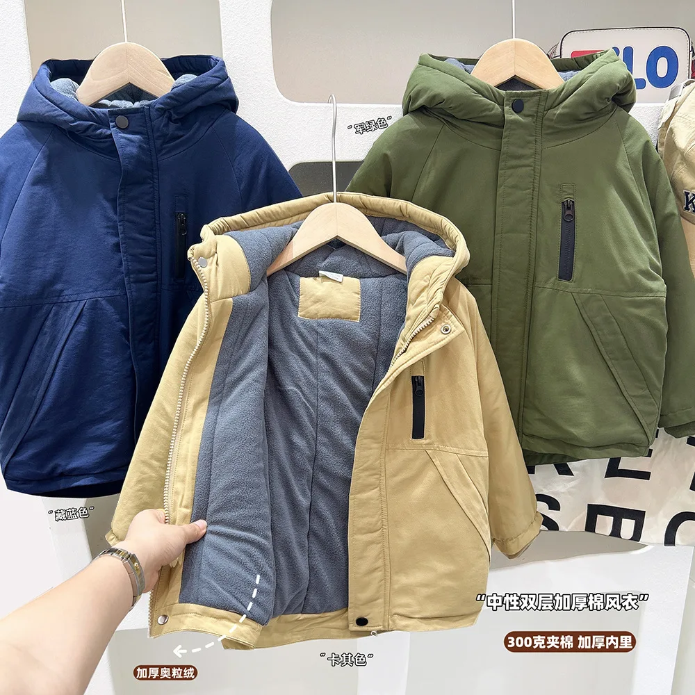 Boys Winter Thicken Cotton Padded Coat New European Fashion Casual Warm Fleece Lining Solid Color Hooded Parkas