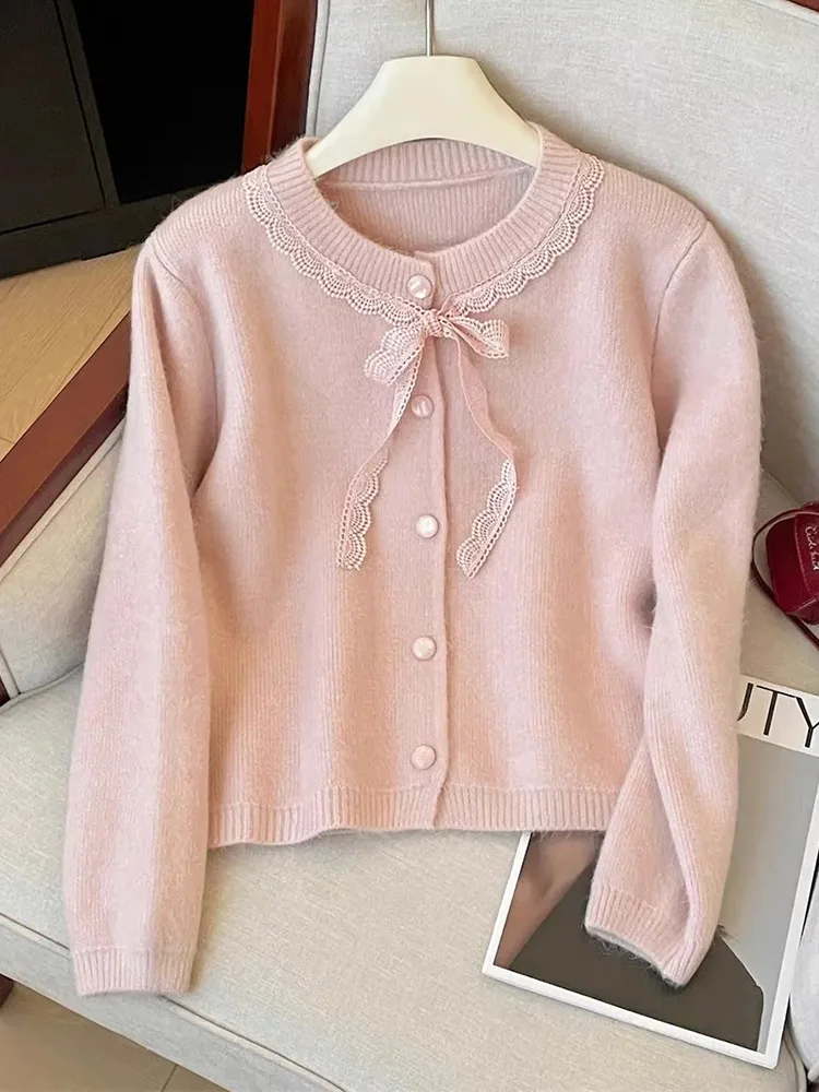 Damski kardigan z kokardą, długi rękaw, uroczy, z koronkowymi wstawkami, vintage, dzianinowy sweter, styl japoński preppy, słodki, casualowy, retro top, nowy