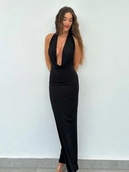 BWQ Dresses for Womens Solid Low Cut Backless Sleeveless Neck-mounted High Waisted Slim Sexy Dresses Summer Fashion Dresses