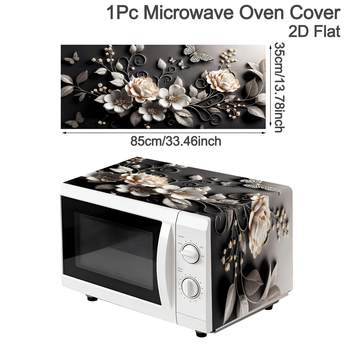 2D Metallic Floral Microwave Oven Cover 35x85cm Black Background Flower Print Polyester Dustproof Kitchen Appliance Protector
