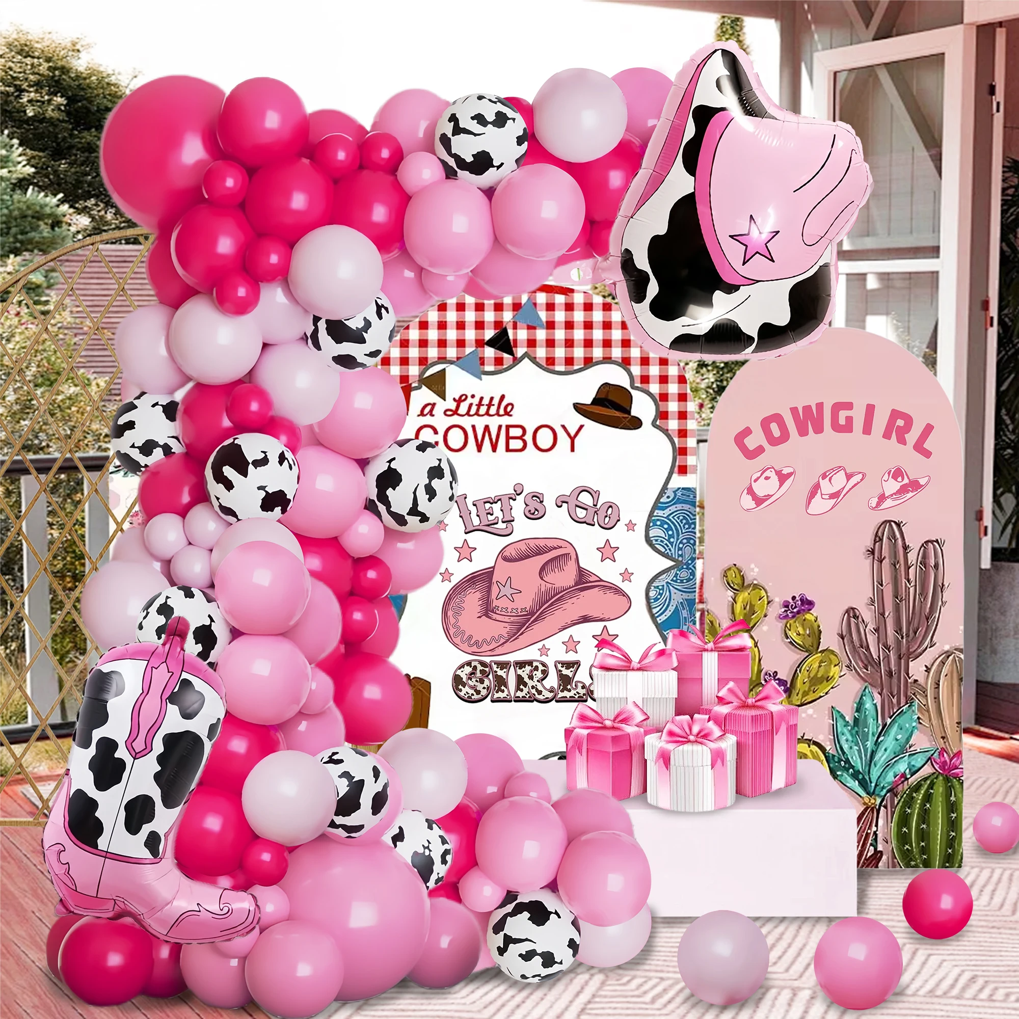 Set de 106 Piezas para Arco de Globos con Temática de Vaquera del Oeste |     Globos de Aluminio en Forma de Bota de Vaquero y Sombrero de Vaquero Rosa, Rojo Rosa, Utilizados para Decorar Fiestas de Cumpleaños, Despedidas de Soltero, Eventos con Temática 