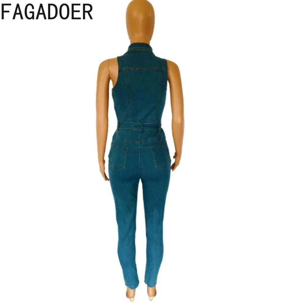 Fagadoer Denim Mode Knoop Bodycon Bandage Jumpsuits Vrouwen Turndown Kraag Mouwloze Slanke Playsuits Casual Cowboy Overalls