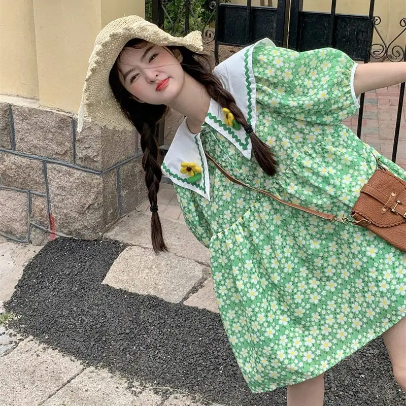 Plus Size 5XL 140KG Summer Short Sleeve Green Floral Dress for Women High Waist Maxi Flower Dresses Big Collar Sweet Dress