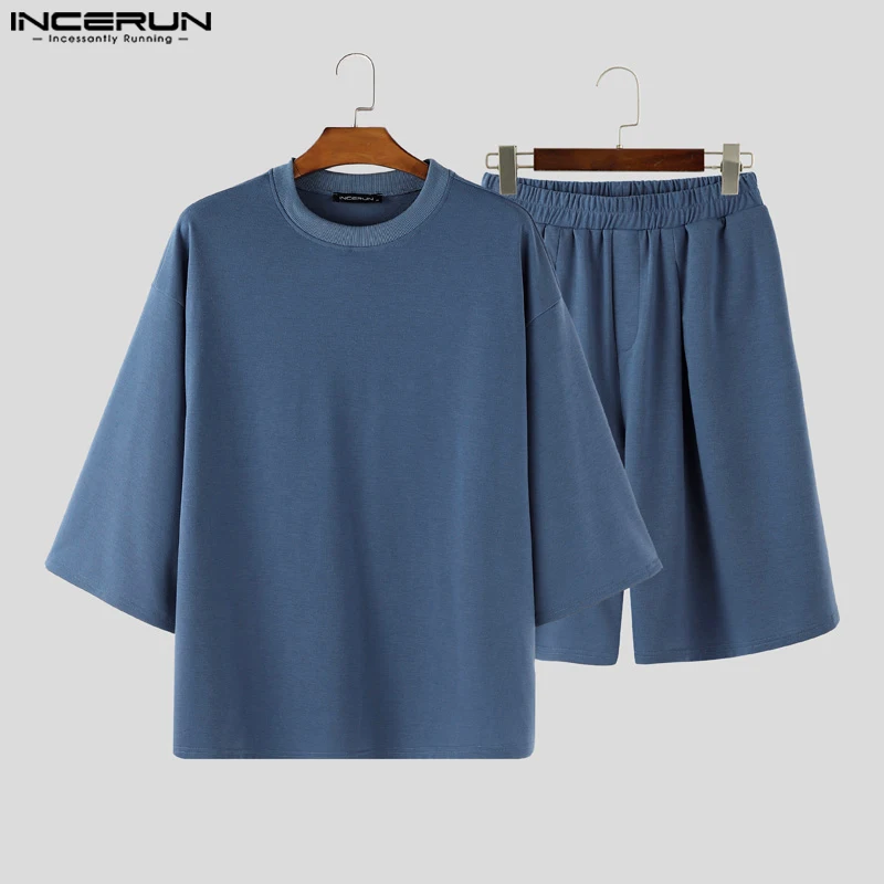 

INCERUN Men's Sets Solid Color O-neck 3/4 Sleeve T Shirt Shorts Two Piece Sets Streetwear Oversize 2026 Casual Men Matching Sets