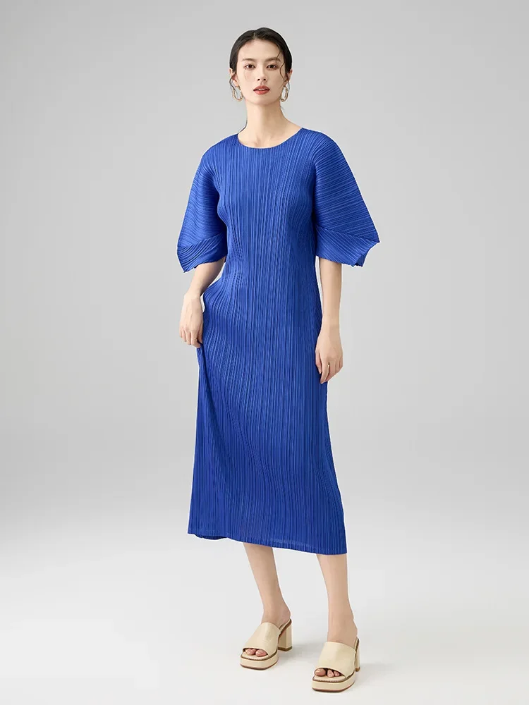 

Miyake Pleated Solid Color Dress 2025 Summer New Premium Feeling Round Neck Loose Fashion Comfortable Casual Long Dresses