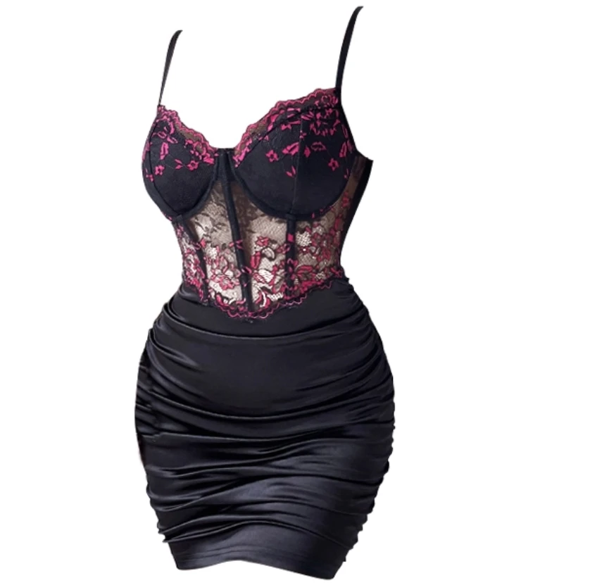 

Black pure lust sexy inner suspender dress 2024 new women's autumn and winter waist tight lace hip skirt