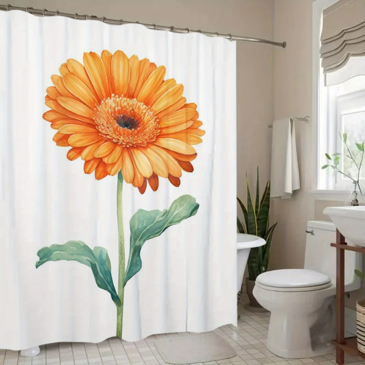 

1 шт., яркая оранжевая занавеска для душа с герберами и ромашками, которую можно стирать в машине, идеально подходит для летнего декора ванной комнаты,
