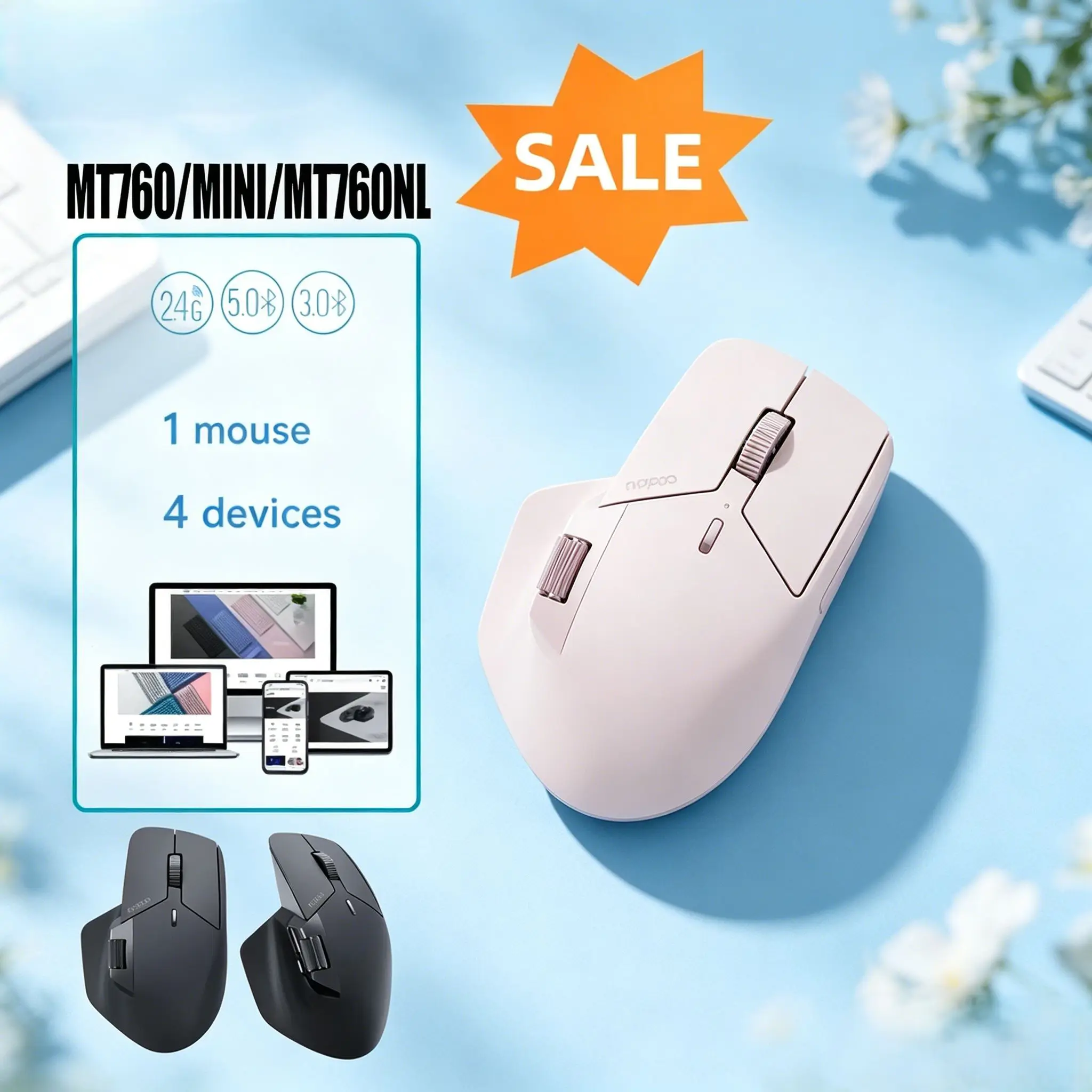 2026 Rapoo MT760 Mini Ergonomic Rechargeable Mouse, Multi-Mode Bluetooth & Wireless, 4000 DPI, Multi-Device Pairing