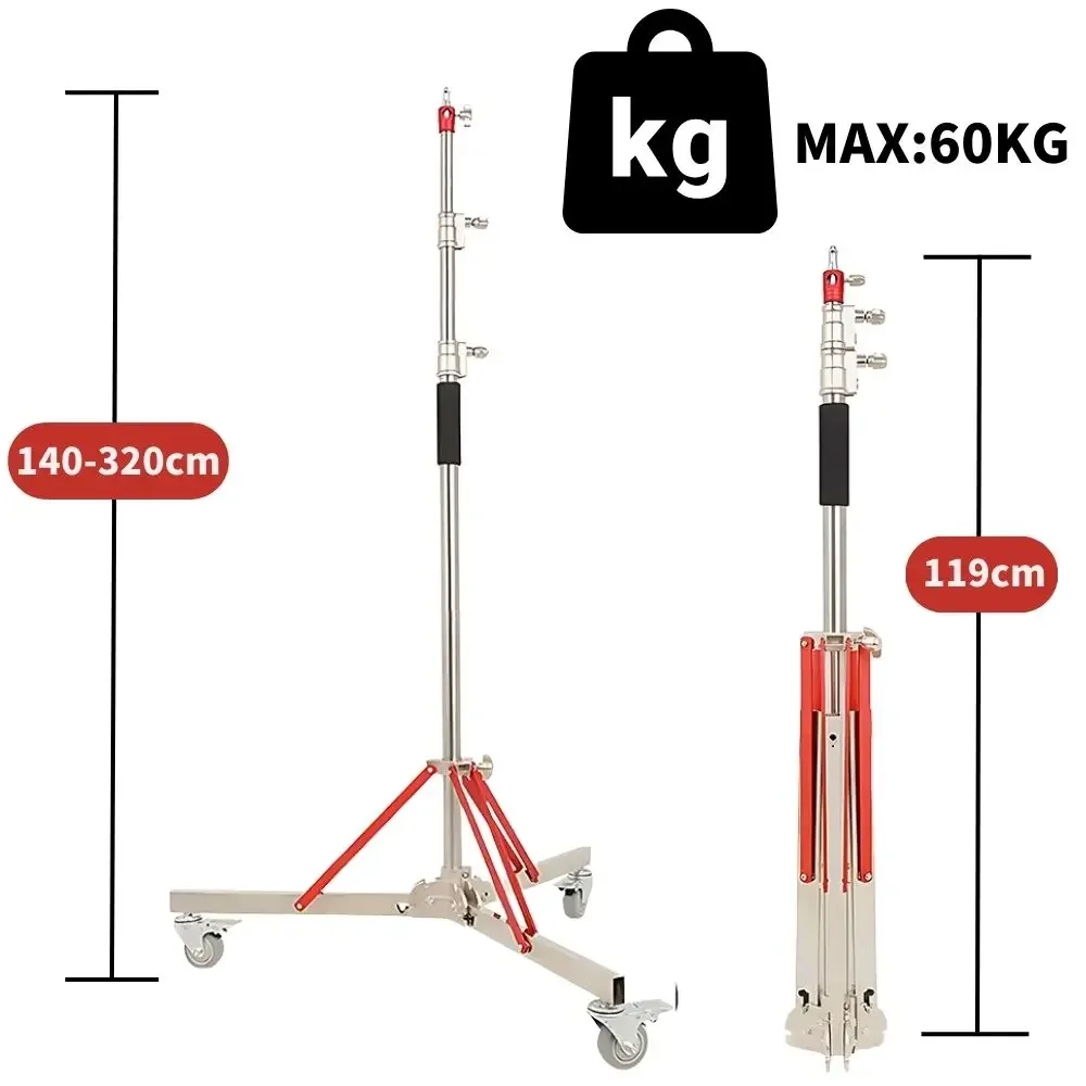 New 320cm Studio Heavy Duty Photography Professional Film and Television All Metal Light Bracket  For Soft Box With Wheels