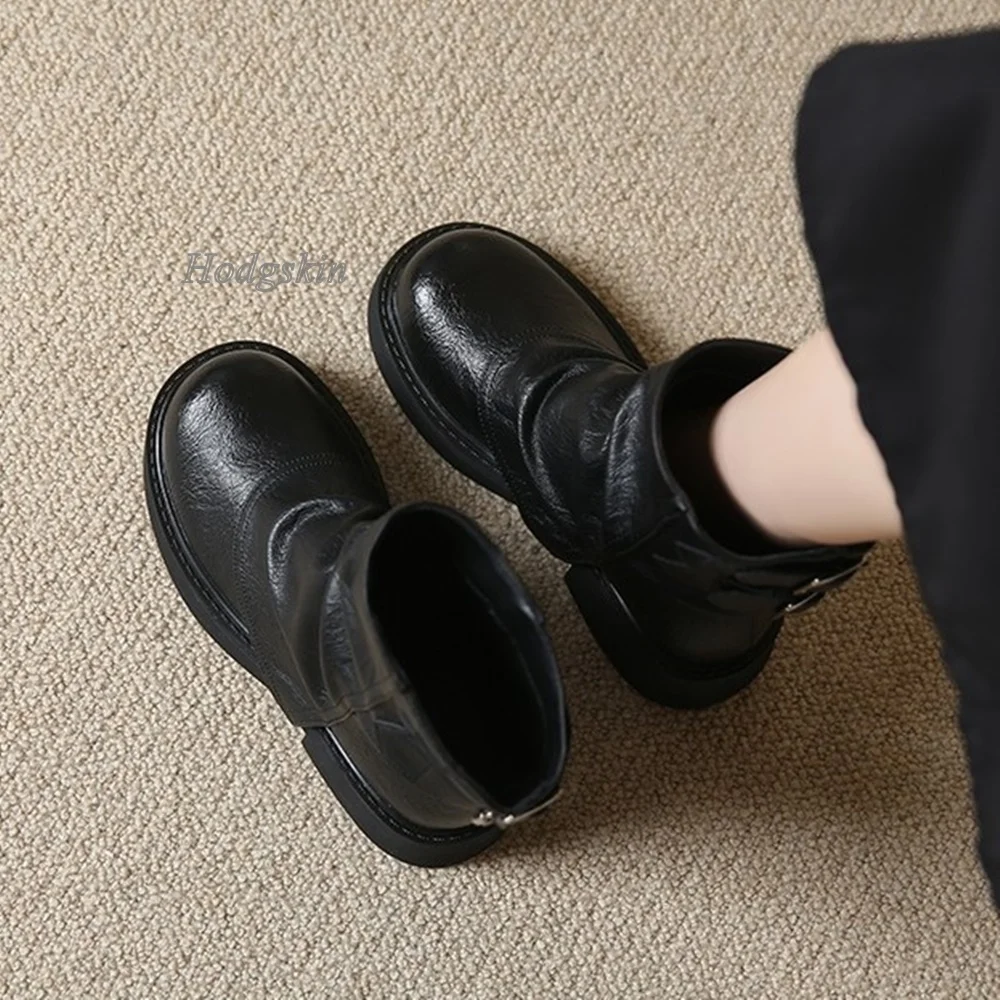 Pleated Mid Calf Boots Elastic Band Belt Buckle Round Toe Women Boots Fashion Casual Party Autumn/spring 2025 New Arrivals Boots