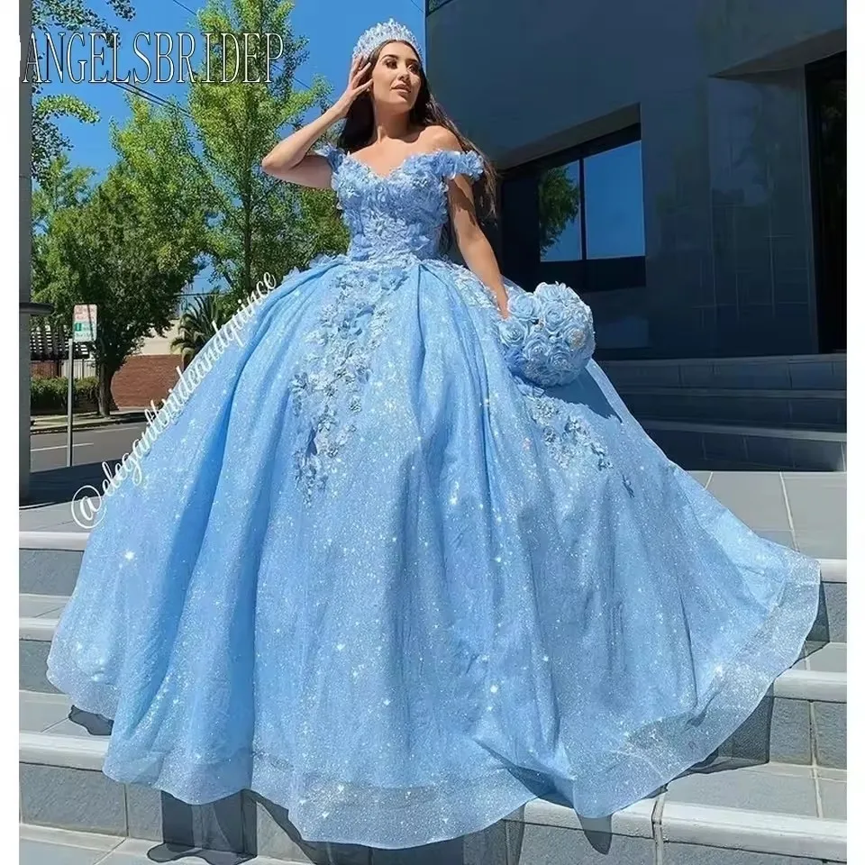 Maßgeschneiderte Schatz-Ballkleid-Quinceanera-Kleider, hellblaue Spitze, applizierte Damen-Partykleider, Vestidos de 15 Años Elegantes