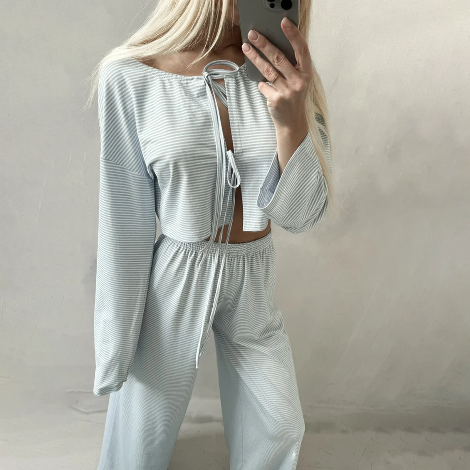 Casual Women Pajamas Lounge Set Fashion Stripe Tie-Up Front Long Sleeve Tops and Pants 2 Piece Loungewear Y2K Fairycore Outfits