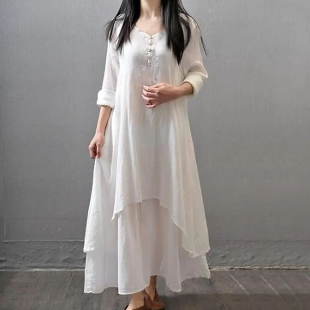 

Autumn Dress Skin-friendly Robe Dress Shrink Resistant All-Matched Fashion False Two Pieces Robe Dress