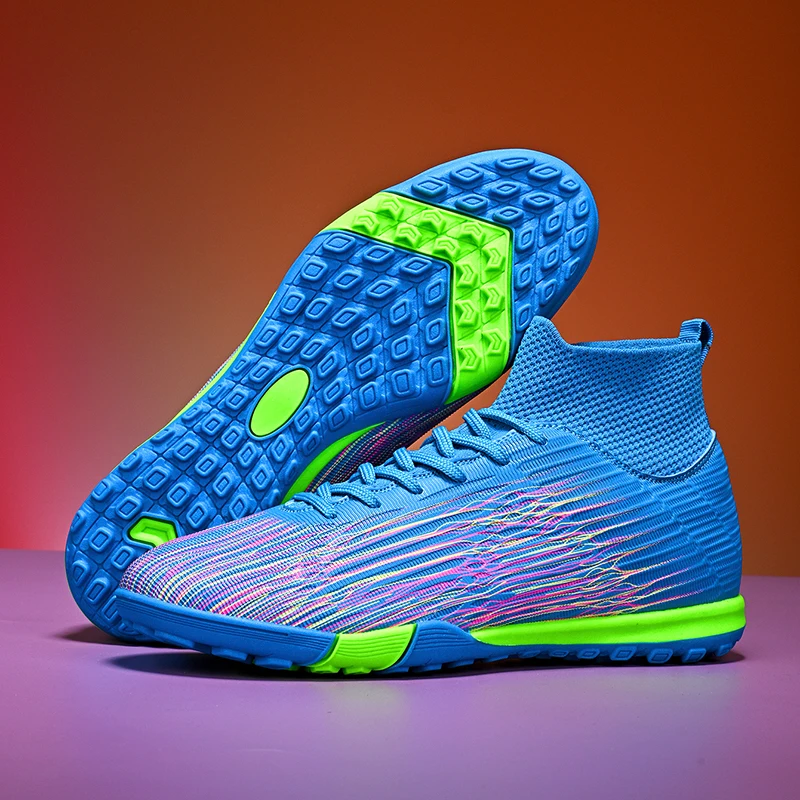 A pair of youth sock collar turf football boots, colorful shimmer print lightweight kids soccer sneakers HXH-805L