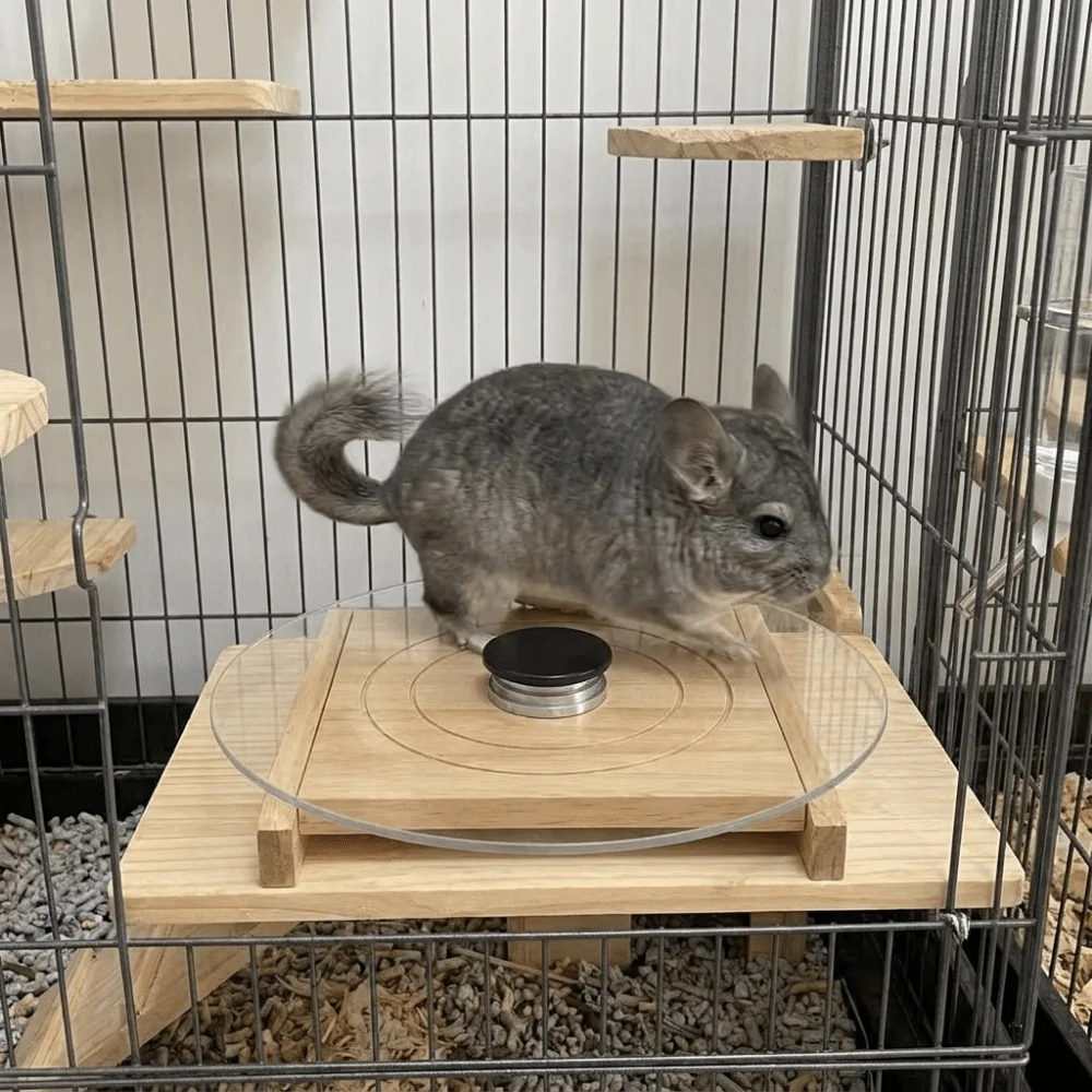 Glass Hamster Running Wheel Long-Lasting Silent Chinchilla Running Plate Stable with Wood Base Small Animal Health Runner Rats