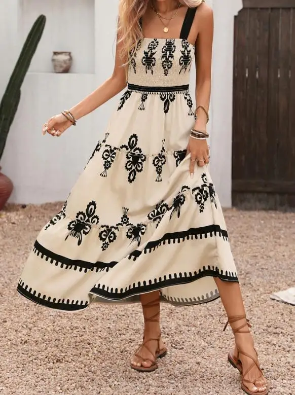 

Women's Dress Spring/summer 2026 New Hot Selling Retro Vacation Style Suspender Skirt Ethnic Style Printed Dress for Women