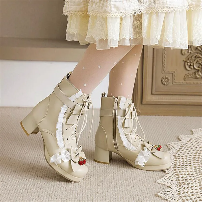 Autumn Winter Women Boots Sweet Bow Women Comfort Platform Ankle Boots Elegant Ruffles Girls Princess Cosplay Pink Lolita Shoes