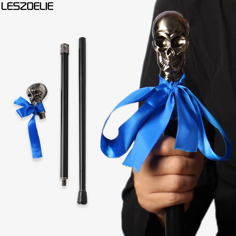 Steampunk Walking Cane with Skull-Head And Royal Blue Ribbon Fashion Decorative Women's Men's Halloween Cosplay Stick