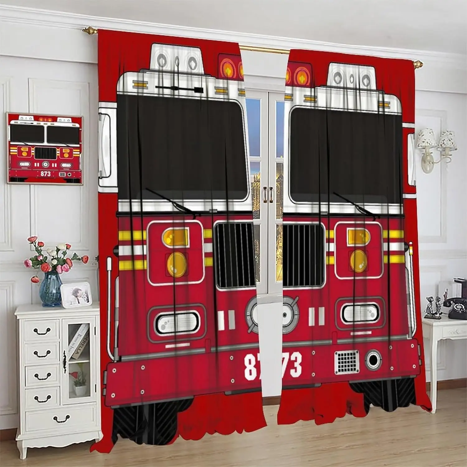 Fire Truck Window Curtains, Red Fire Engine Front Print Drapes with Number 873, Firefighter Theme Decor for Kids Boys Bedroom