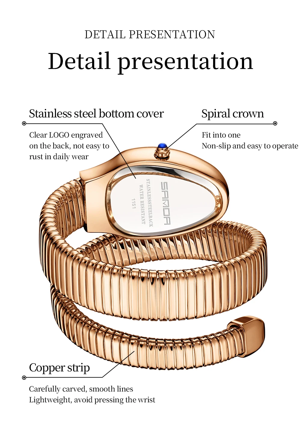 SANDA nuevo 1151 reloj de cuarzo de lujo ligero de estilo Retro para mujer con incrustaciones de diamantes en forma de serpiente reloj de cuarzo resistente al agua para mujer