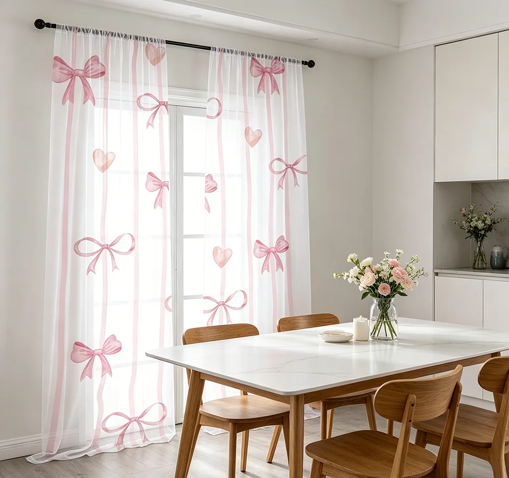 2PCS Digital Print Sheer Curtains, Multicolor Bowknot Pattern, Vintage Sweet Style for Living Room Bedroom Window Decor