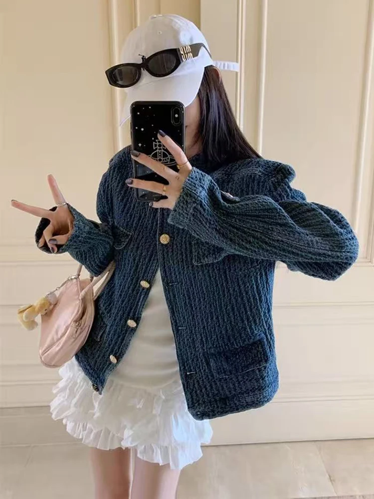 

Vintage Stand Collar Denim Jacket Women Autumn Loose Streetwear Single Breasted Coats Y2K Korean Chic Long Sleeve Casual Outwear