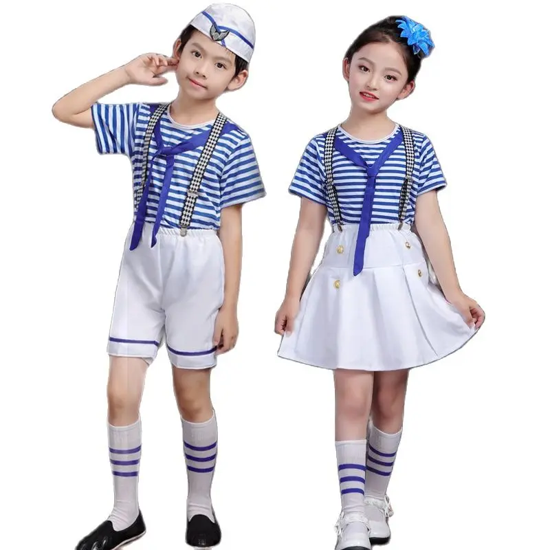 New Kids Costumes for Navy Sailor Uniform Halloween Cosplay Girls Party Performance Boys Marines Fleet Clothing with Hat