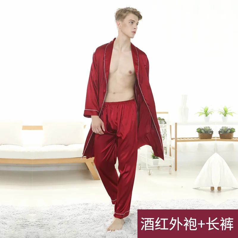 

Robe Pants Pajama Set Two-Piece Men Bathrobe Silk Sleepwear for Men Kimono Home Soft Cozy Long Sleeved Bath Gown