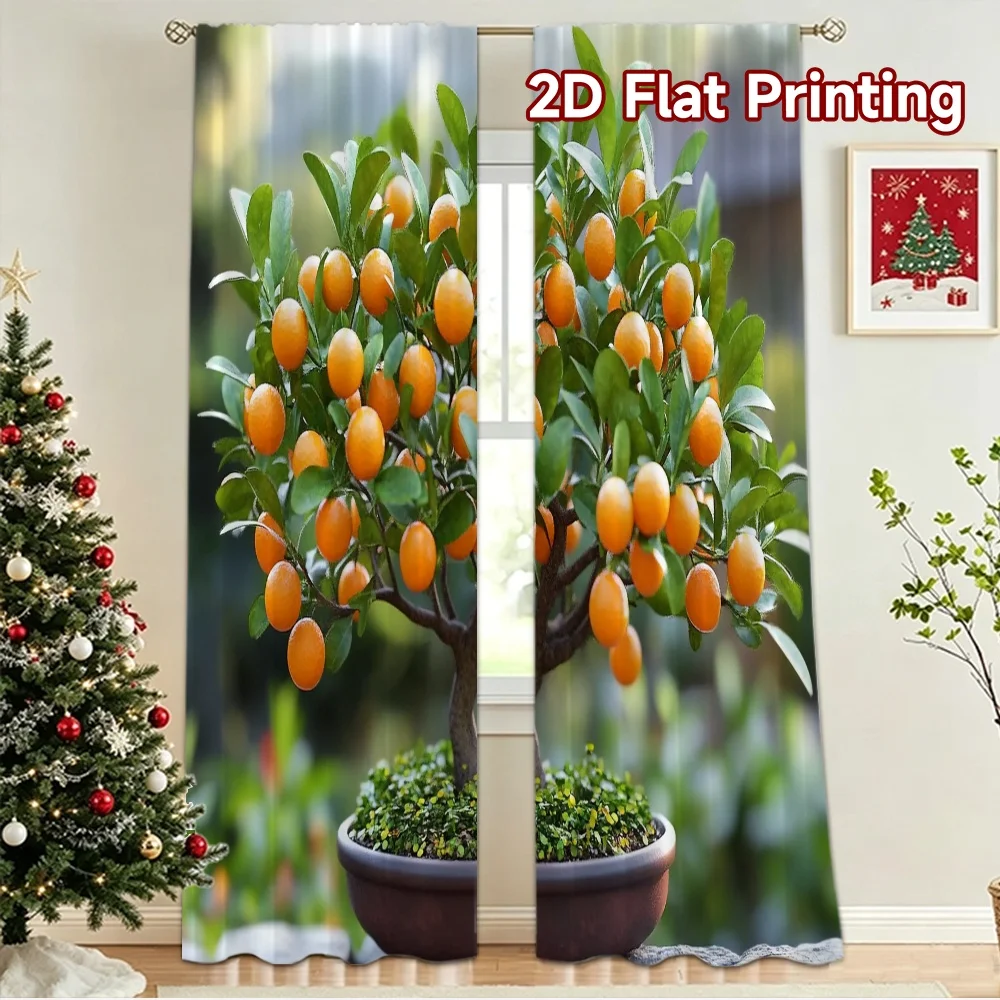 2D flat 2pcs Curtain Modern Minimalist Style Orange Bonsai Tree Digitally printed polyester, colorfast Party Decorations for