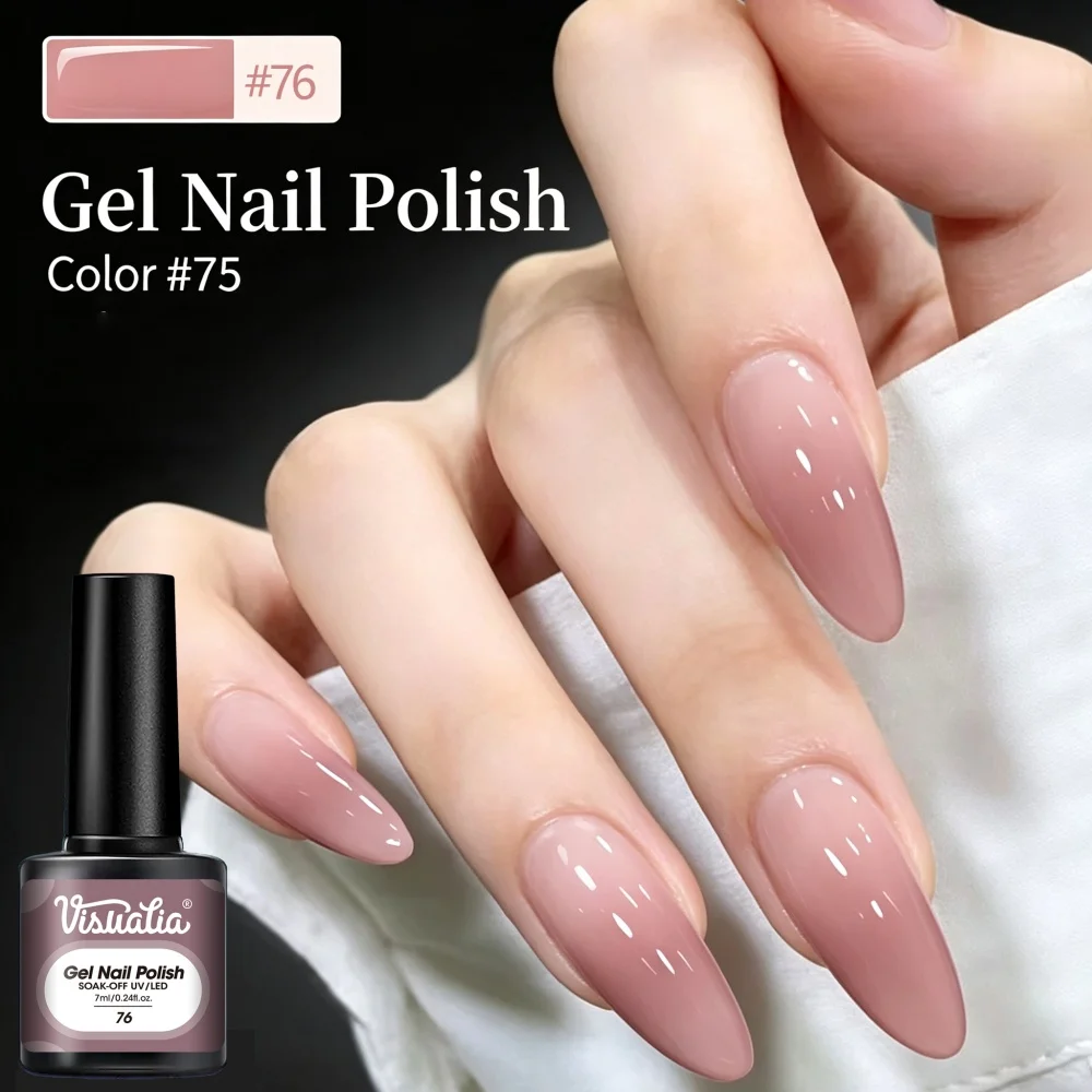 Visuatia # 76 Dusty Rose Nude Gel Polish, removable UV-LED phototherapy gel, with a soft dusty rose nude tone, provides rich and even color application, smooth texture, and a high-gloss mirror effect after curing. It is a salon-grade nail gel suitable for both home DIY and nail salons