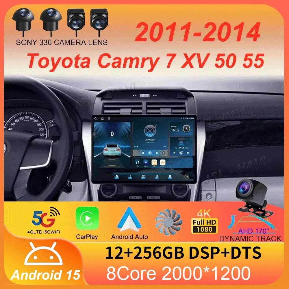 

Автомобильный радиоприемник Android 15 Carplay Auto для Toyota Camry 7 XV 50 55 2011-2014, мультимедийный видеоплеер, навигация, стерео GPS, без 2din 4G