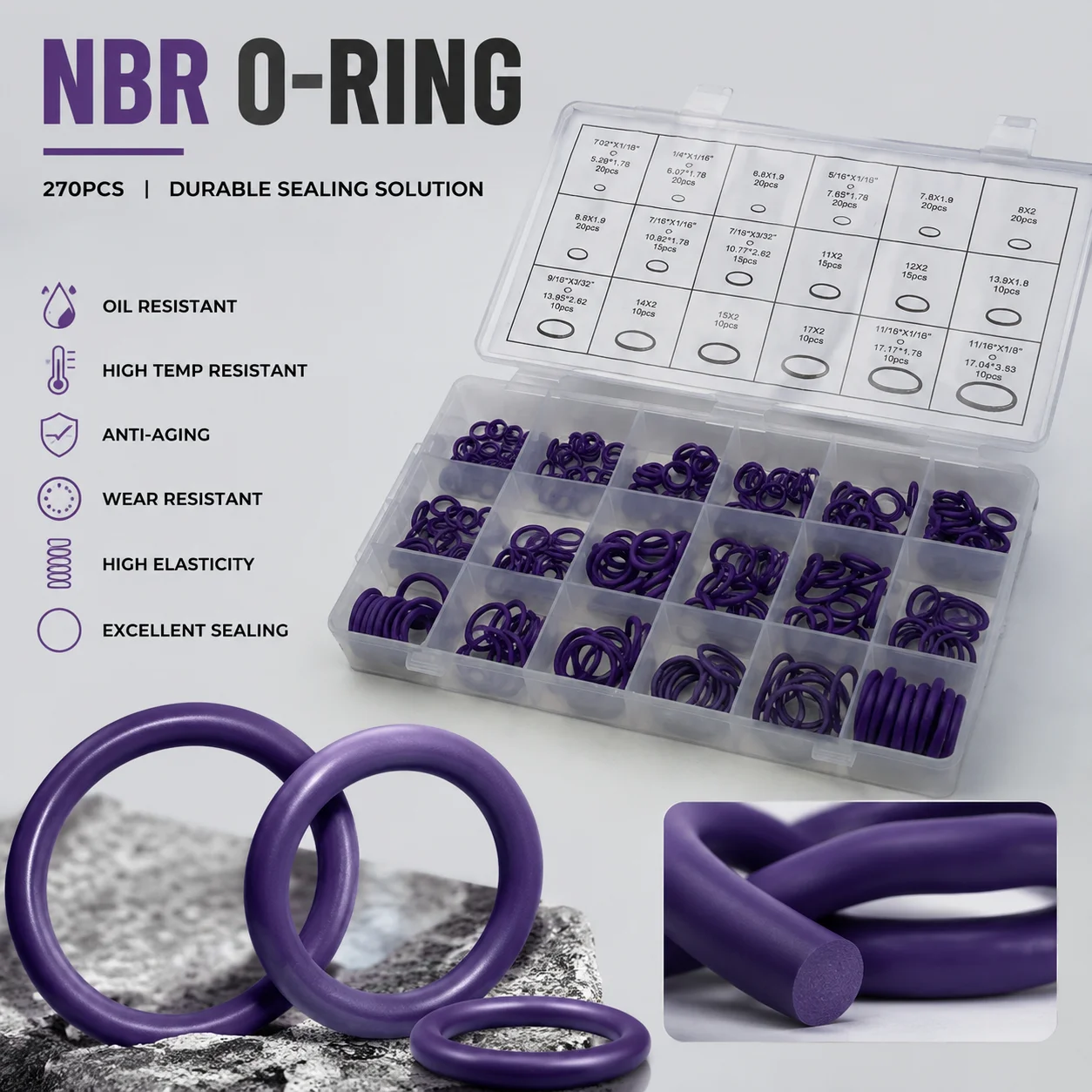 270 Pieces of Purple NBR Nitrile O-ring Box CS 1.78-3.53mm Outer Diameter 5.29-17.17mm Fuel Resistant Air Conditioner Leak Proof