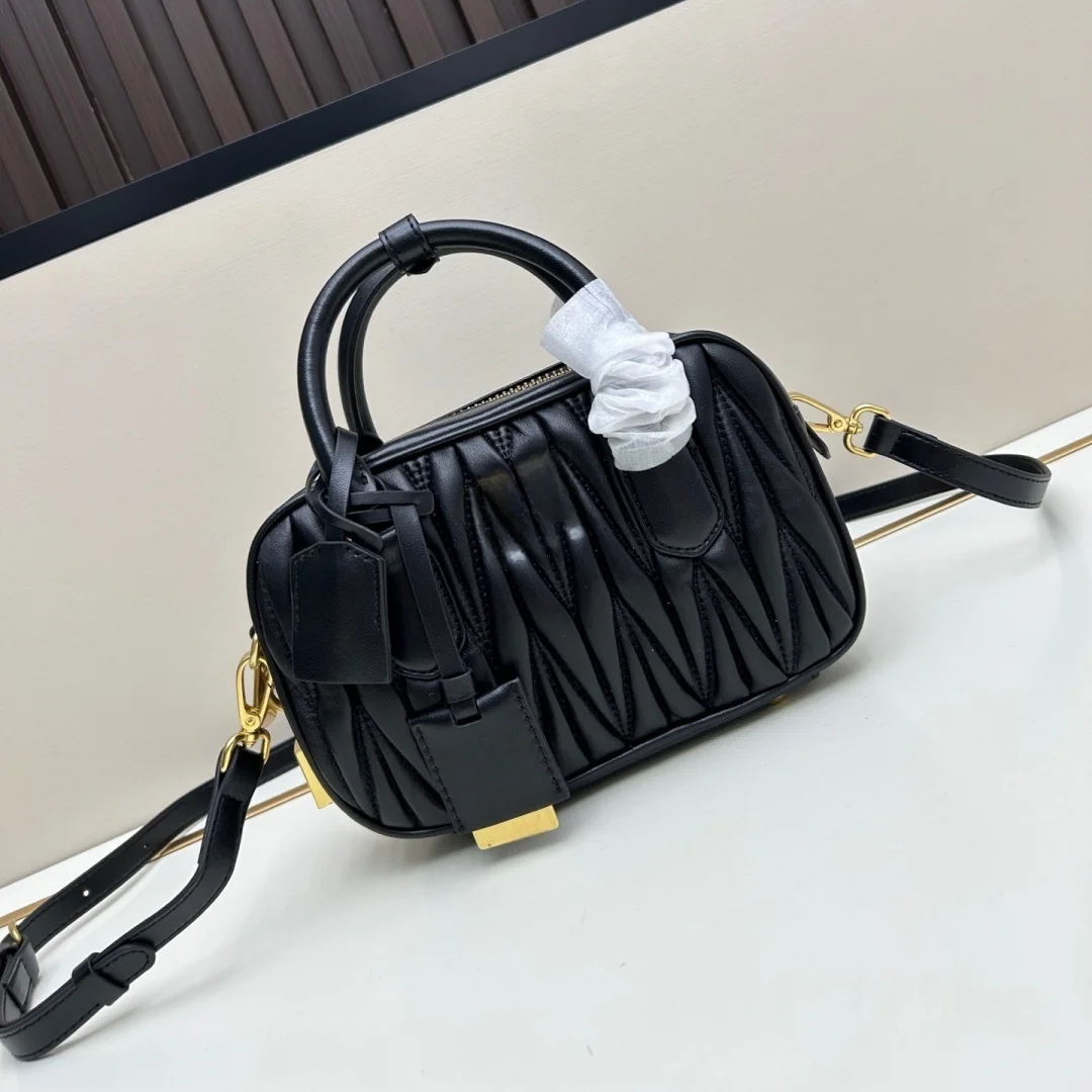 

New real leather pleated bowling bags with high sense Joker Boston one-shoulder portable crossboby handbag women's bag