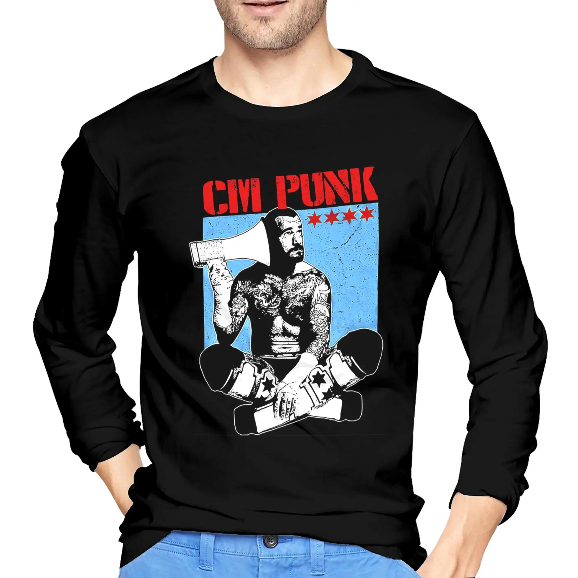 

Cm Punk Logo Men's Long Sleeved T-shirt Breathable Round Neck T shirts Spring and Autumn Men tops
