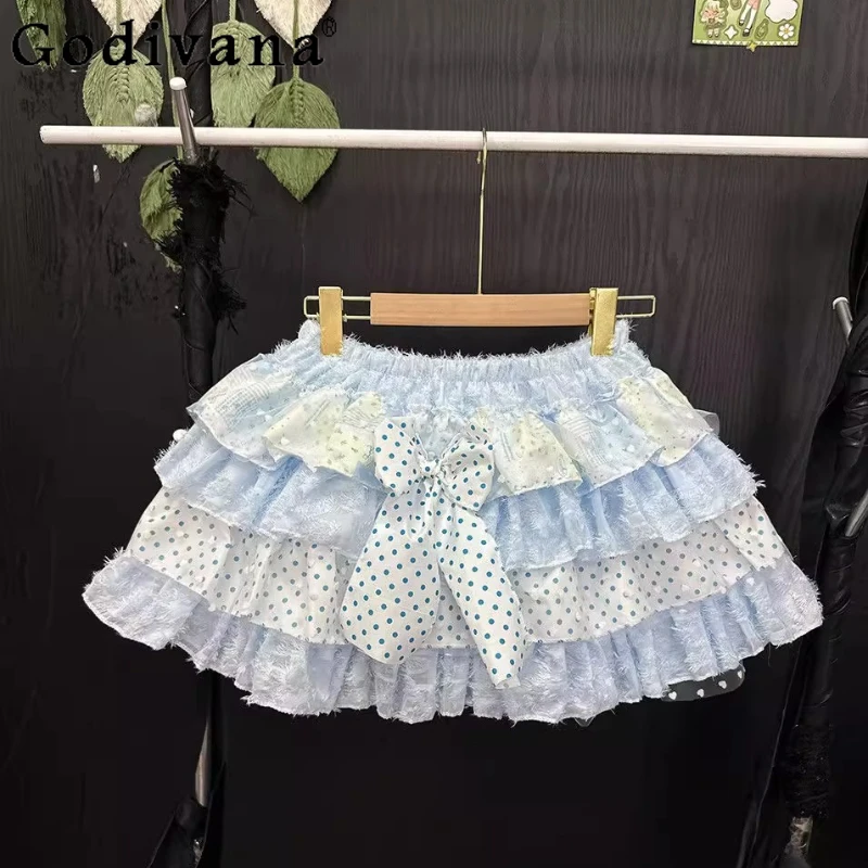 

Original Sweet Blue Lolita Skirt Women's Love Mesh Dopamine Bow Fluffy Cake Skirt Ladies High Waist Polka Dot Mini Skirt