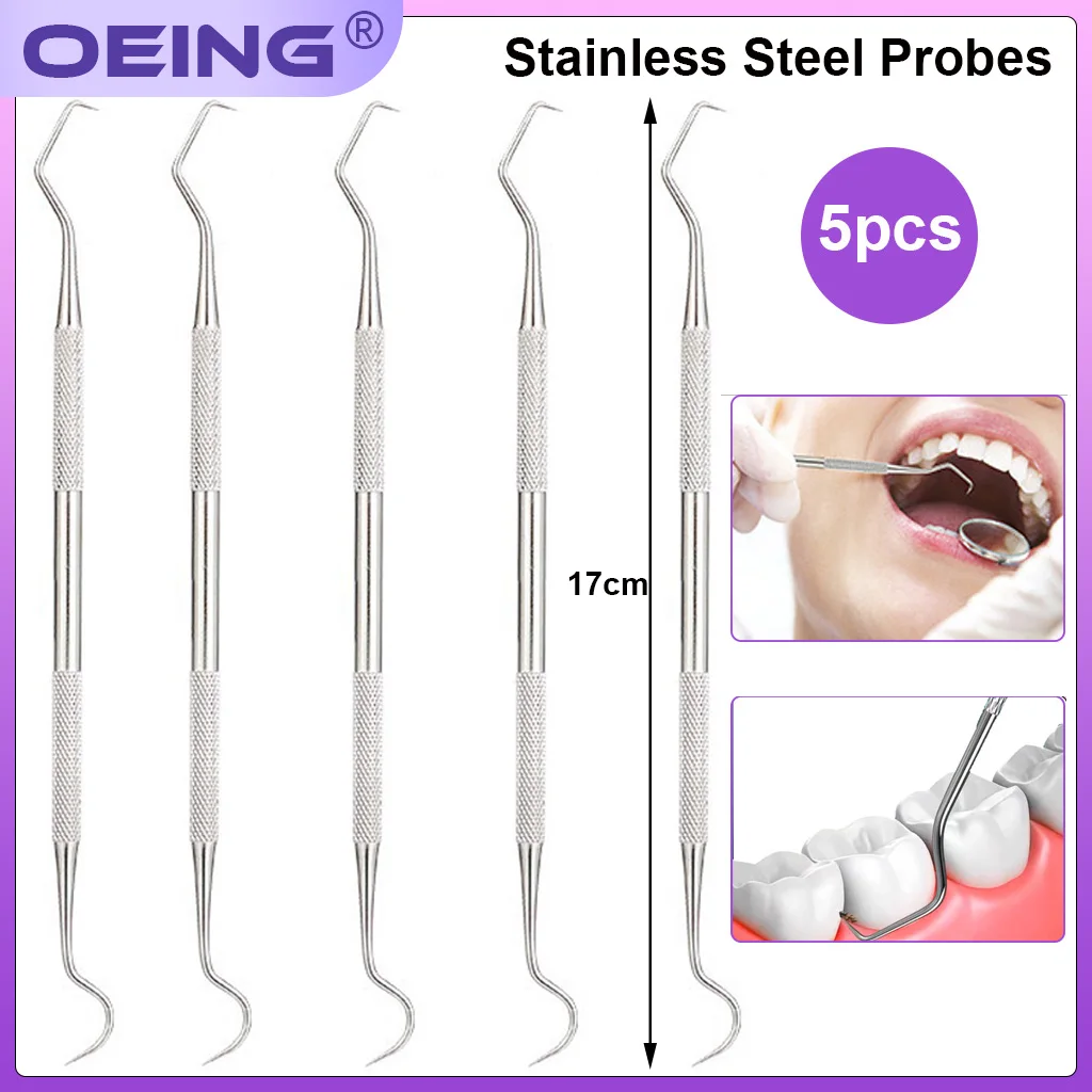 

1/ 5Pcs Stainless Steel Dual Head Dentist Dental Cleaning Dual Head Probe Hook Tartar Scraper Dental Cleaning Care Tool