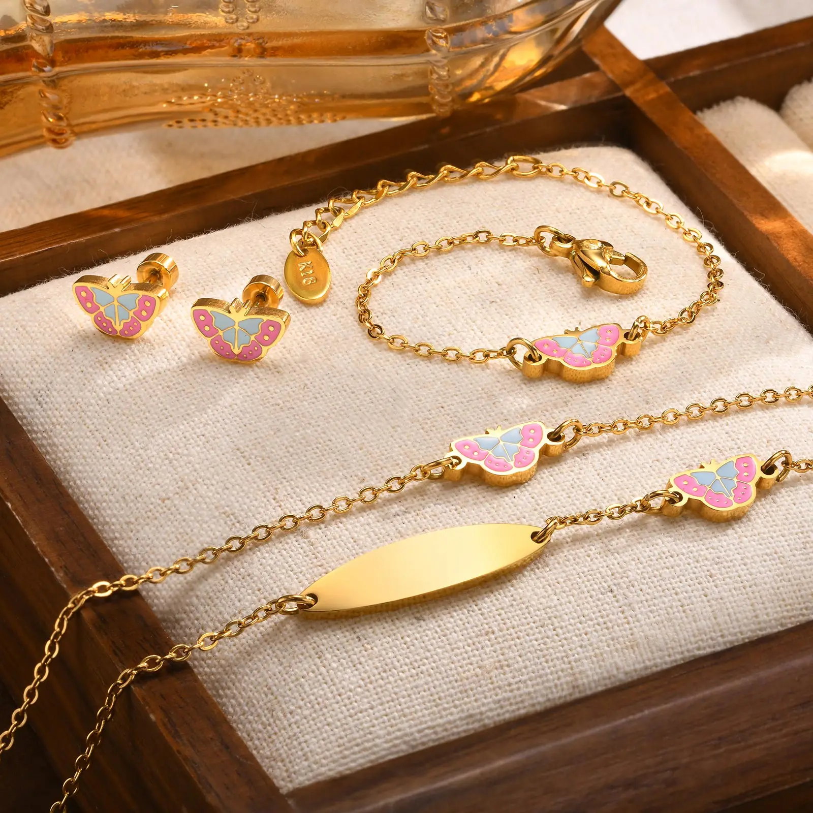 Set Chic Butterfly Bracelet Necklace for Baby, Cute Rolo Chain Necklaces Bracelets, Stainless Steel Gold Color Jewelry Gifts