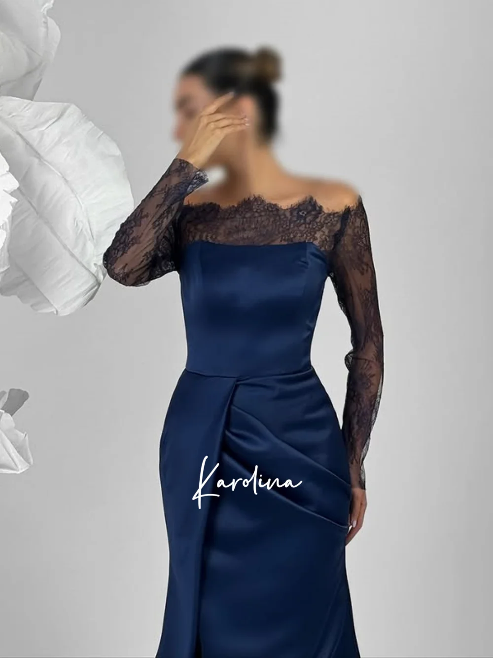 Vestido De noche azul marino con hombros descubiertos y manga De encaje, Jersey para Fiesta De graduación hasta el suelo, Vestidos De Fiesta personalizados