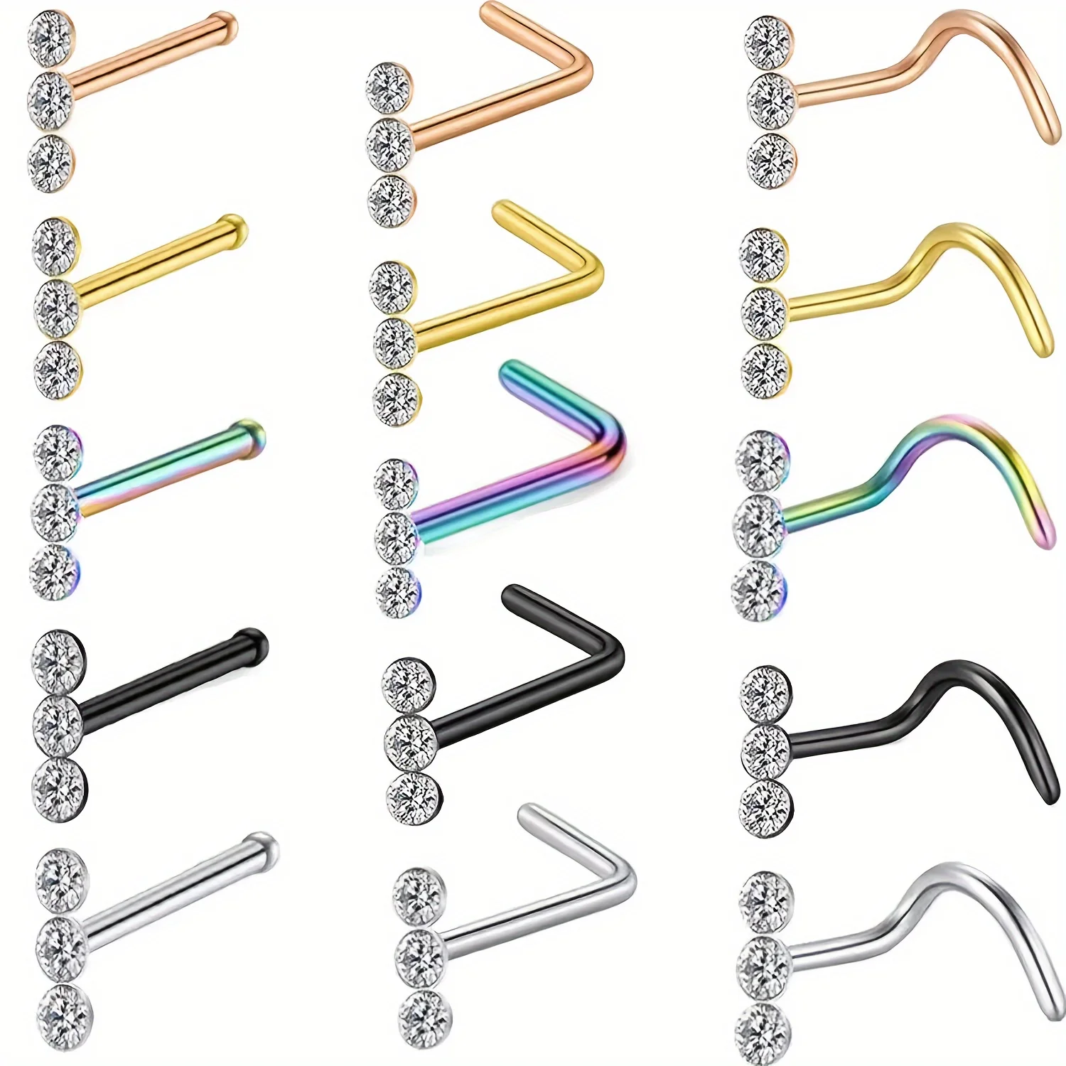 1pcs Colorful Stainless Steel Rod L-Shaped Three Rhinestones Nose Nail Piercing Jewelry  Decoration For Woman and Man