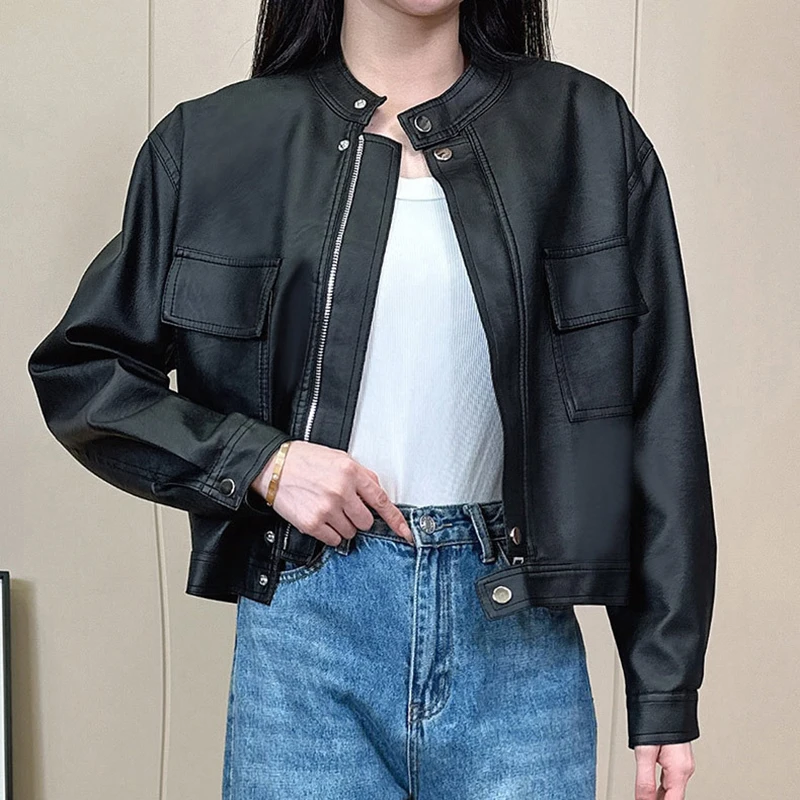 เสื้อแจ็คเก็ตหนังเทียมสไตล์วินเทจ Y2K สำหรับผู้หญิง คอตั้ง ซิปหน้า ทรงหลวม สไตล์อเมริกัน สำหรับฤดูใบไม้ผลิและฤดูใบไม้ร่วง