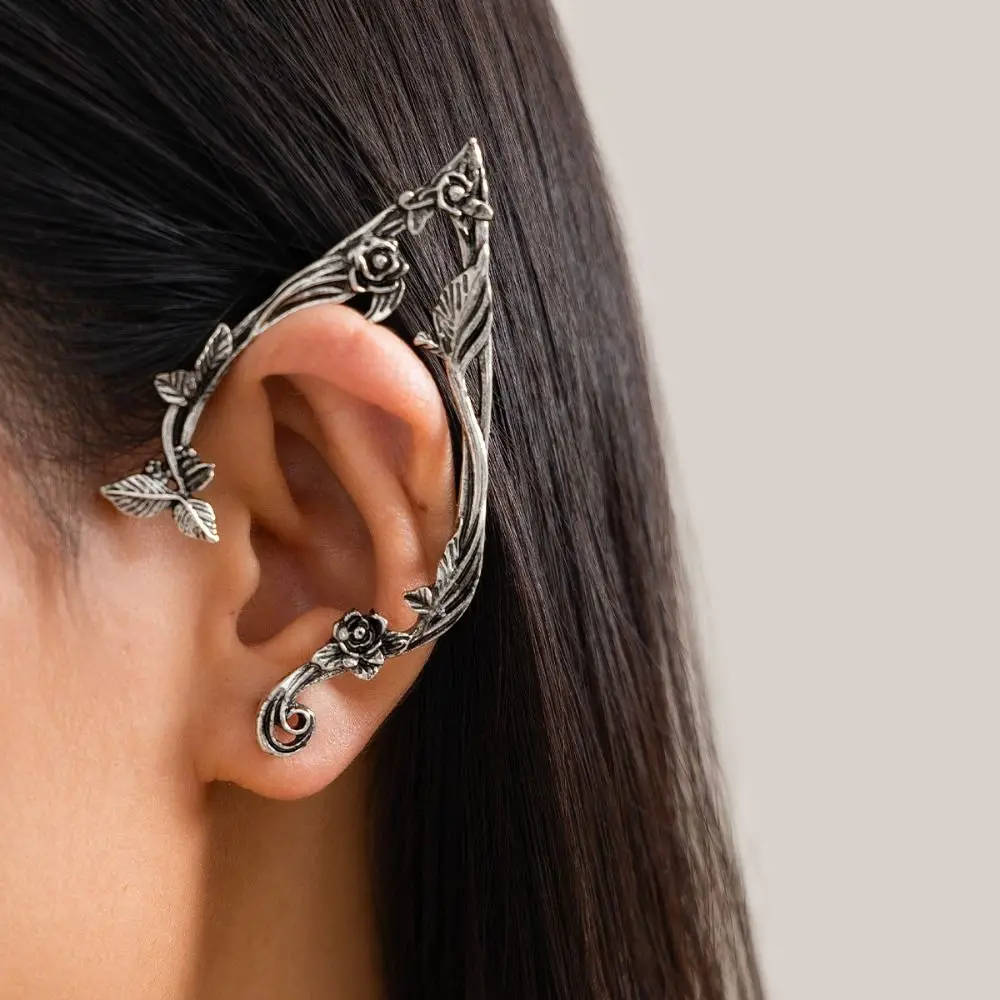 Sweet Alloy Elf Ear Clip Outline Ear Cuff Rose Flower Hollow Ear Clips Single Side Earrings Korean Style Women