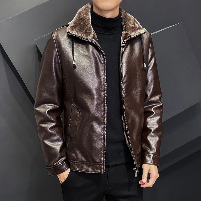 Men\'s New Winter Lapel Zipper Long Sleeved Plush Jacket Leather Jacket Fashionable and Loose Warm and Casual Versatile Jacket