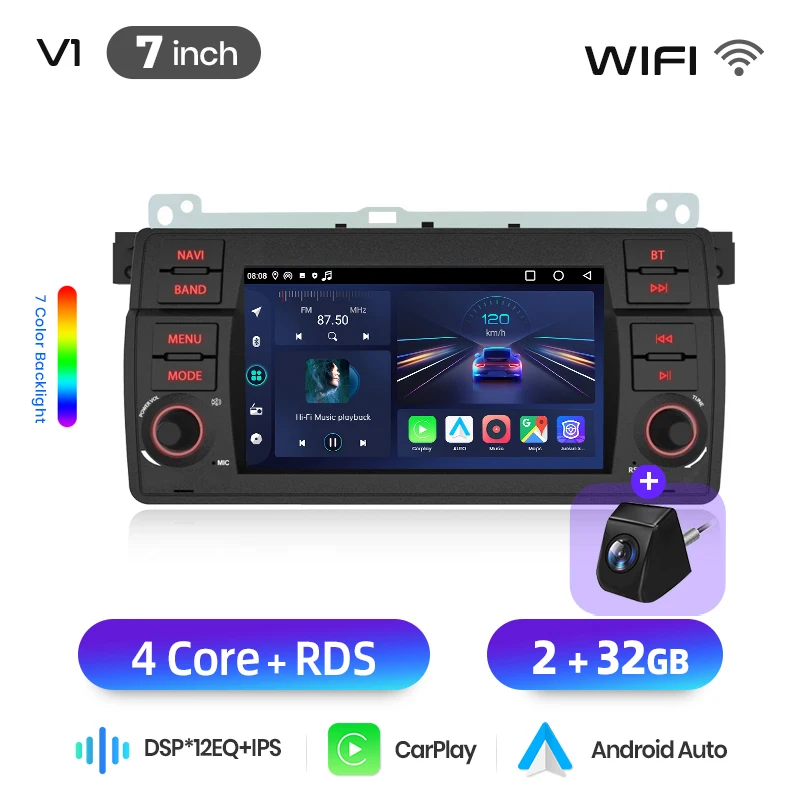 Junsun 7 inch draadloze CarPlay Android Auto autoradio voor BMW E46 M3 318 320 325 330 335 Multimedia draadloze Apple CarPlay Smart Intelligent Systems IPS touchscreen stereo videospeler 2 Din